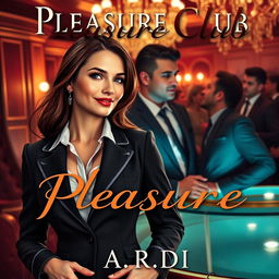 An alluring book cover for the erotic romance novel 'Pleasure Club', featuring a striking female manager in a stylish business suit at the forefront, embodying a blend of strength and sensuality