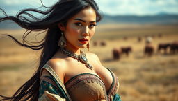 A stunning Mongolian woman with a sultry expression, featuring a sensual gaze and curvy figure, showcasing her larger bust, dressed in a stylish blend of traditional and modern attire that highlights her feminine curves