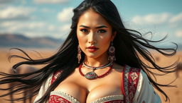 A stunning Mongolian woman with a sultry expression, featuring a sensual gaze and curvy figure, showcasing her larger bust, dressed in a stylish blend of traditional and modern attire that highlights her feminine curves