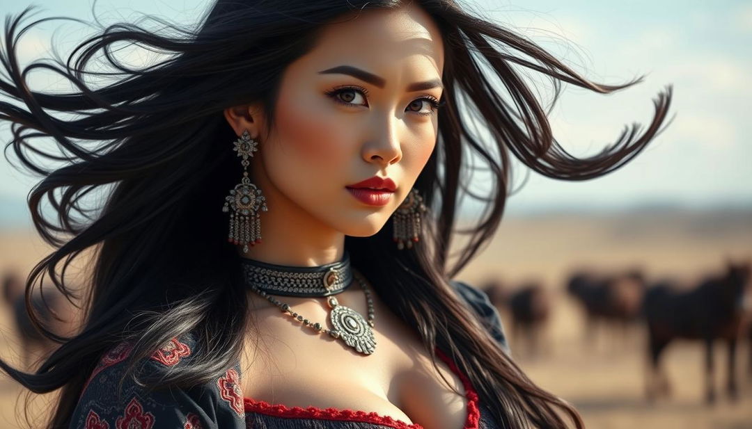 A stunning Mongolian woman with a sultry expression, featuring a sensual gaze and curvy figure, showcasing her larger bust, dressed in a stylish blend of traditional and modern attire that highlights her feminine curves