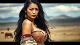 A stunning Mongolian woman with a sultry expression, featuring a sensual gaze and curvy figure, showcasing her larger bust, dressed in a stylish blend of traditional and modern attire that highlights her feminine curves