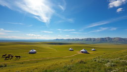 A breathtaking Mongolian traditional landscape featuring expansive grasslands under a bright blue sky, with rolling hills and distant mountains, scattered with traditional gers (yurts) symbolizing the nomadic lifestyle, surrounded by lush greenery and wildflowers, creating a serene and picturesque view that captures the essence of Mongolia's natural beauty