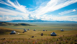 A breathtaking Mongolian traditional landscape featuring expansive grasslands under a bright blue sky, with rolling hills and distant mountains, scattered with traditional gers (yurts) symbolizing the nomadic lifestyle, surrounded by lush greenery and wildflowers, creating a serene and picturesque view that captures the essence of Mongolia's natural beauty