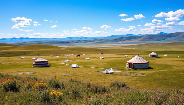 A breathtaking Mongolian traditional landscape featuring expansive grasslands under a bright blue sky, with rolling hills and distant mountains, scattered with traditional gers (yurts) symbolizing the nomadic lifestyle, surrounded by lush greenery and wildflowers, creating a serene and picturesque view that captures the essence of Mongolia's natural beauty