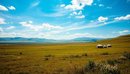 A breathtaking Mongolian traditional landscape featuring expansive grasslands under a bright blue sky, with rolling hills and distant mountains, scattered with traditional gers (yurts) symbolizing the nomadic lifestyle, surrounded by lush greenery and wildflowers, creating a serene and picturesque view that captures the essence of Mongolia's natural beauty