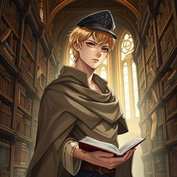 A 25-year-old male human mage with short blonde hair and warm brown eyes stands confidently in a grand library