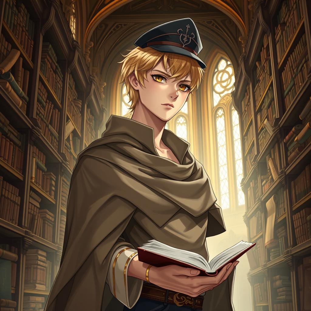 A 25-year-old male human mage with short blonde hair and warm brown eyes stands confidently in a grand library