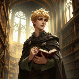 A 25-year-old male human mage with short blonde hair and warm brown eyes stands confidently in a grand library