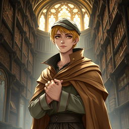 A 25-year-old male human mage with short blonde hair and warm brown eyes stands confidently in a grand library