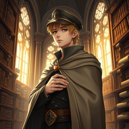 A 25-year-old male human mage with short blonde hair and warm brown eyes stands confidently in a grand library