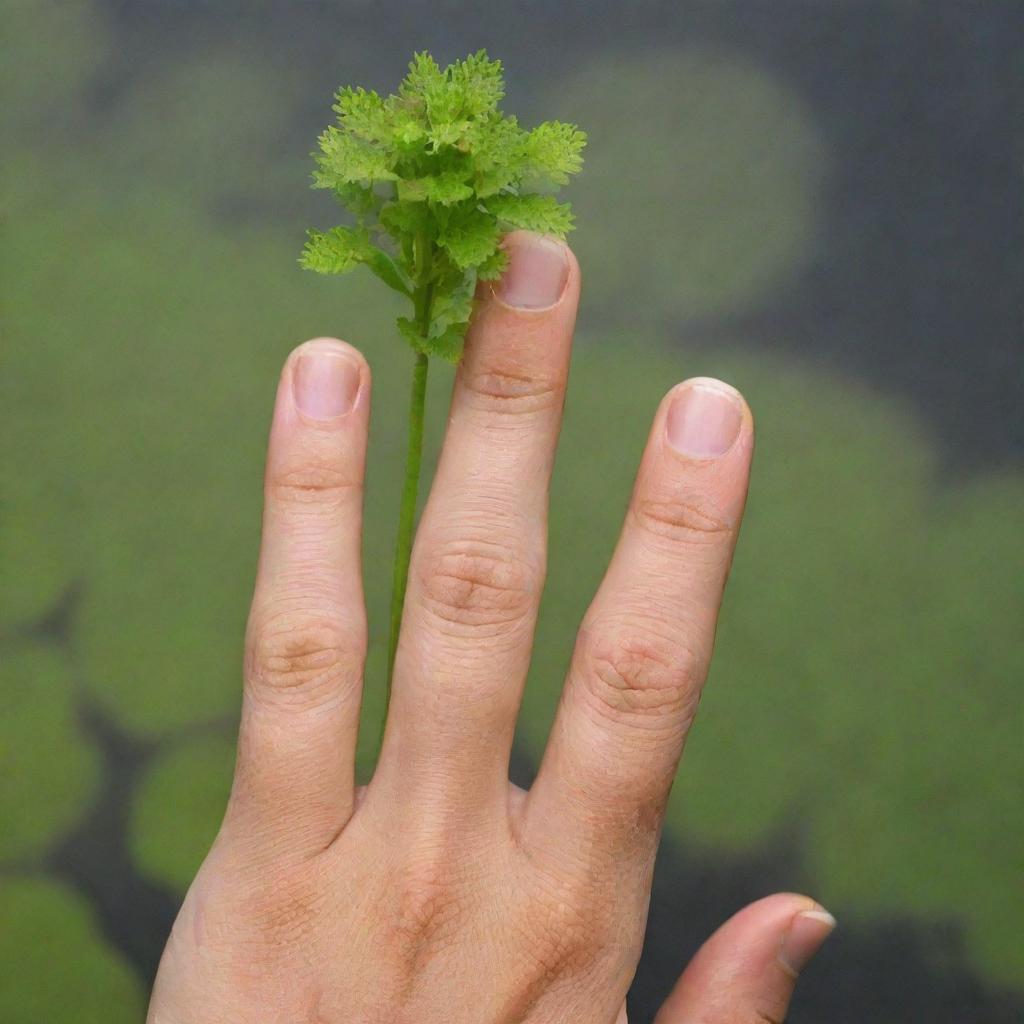 An image comparing the world's shortest flower, the Duckweed (Wolffia), alongside a human finger for scale. The minute size of the flower, contrasted against a normal-sized finger, highlights the remarkable diversity in nature's spectrum.