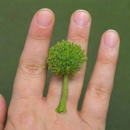 An image comparing the world's shortest flower, the Duckweed (Wolffia), alongside a human finger for scale. The minute size of the flower, contrasted against a normal-sized finger, highlights the remarkable diversity in nature's spectrum.