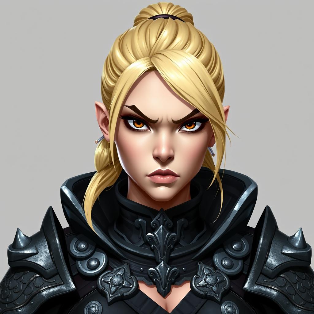 A human female character designed as a Dungeons & Dragons token, featuring blonde hair tied up, a bulbous downturned nose, a strong jawline, prominent cheekbones, and upturned brown eyes