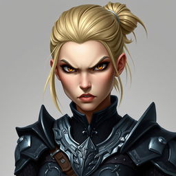 A human female character designed as a Dungeons & Dragons token, featuring blonde hair tied up, a bulbous downturned nose, a strong jawline, prominent cheekbones, and upturned brown eyes