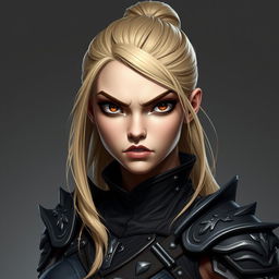 A human female character designed as a Dungeons & Dragons token, featuring blonde hair tied up, a bulbous downturned nose, a strong jawline, prominent cheekbones, and upturned brown eyes