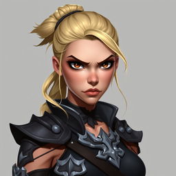 A human female character designed as a Dungeons & Dragons token, featuring blonde hair tied up, a bulbous downturned nose, a strong jawline, prominent cheekbones, and upturned brown eyes