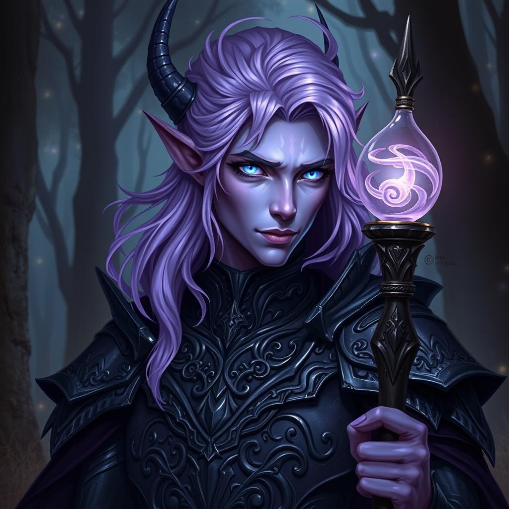 A male Drow warlock character with striking lilac hair, adorned in intricate dark armor that glimmers subtly in the light