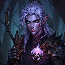 A male Drow warlock character with striking lilac hair, adorned in intricate dark armor that glimmers subtly in the light