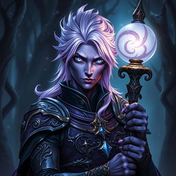 A male Drow warlock character with striking lilac hair, adorned in intricate dark armor that glimmers subtly in the light