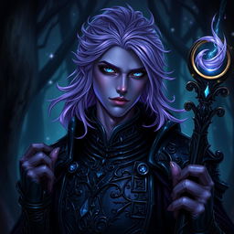 A male Drow warlock character with striking lilac hair, adorned in intricate dark armor that glimmers subtly in the light