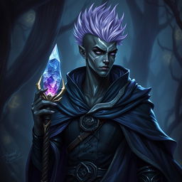 A male Drow warlock character, showcasing his striking lilac Mohawk hairstyle