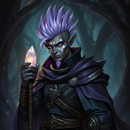 A male Drow warlock character, showcasing his striking lilac Mohawk hairstyle
