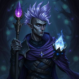 A male Drow warlock character, showcasing his striking lilac Mohawk hairstyle