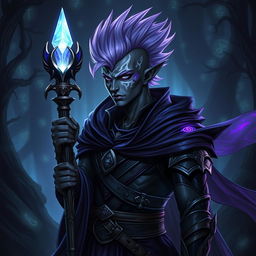 A male Drow warlock character, showcasing his striking lilac Mohawk hairstyle