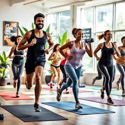 A vibrant and motivating fitness scene featuring a diverse group of adults engaged in various exercises such as running, yoga, and weightlifting in a bright and airy gym