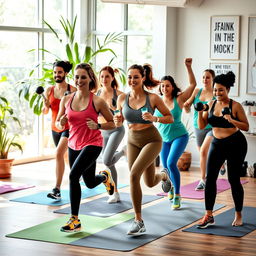 A vibrant and motivating fitness scene featuring a diverse group of adults engaged in various exercises such as running, yoga, and weightlifting in a bright and airy gym