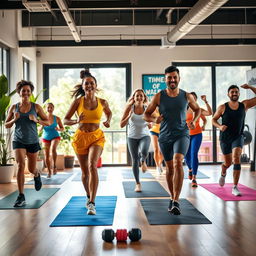 A vibrant and motivating fitness scene featuring a diverse group of adults engaged in various exercises such as running, yoga, and weightlifting in a bright and airy gym