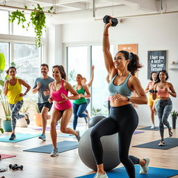 A vibrant and motivating fitness scene featuring a diverse group of adults engaged in various exercises such as running, yoga, and weightlifting in a bright and airy gym