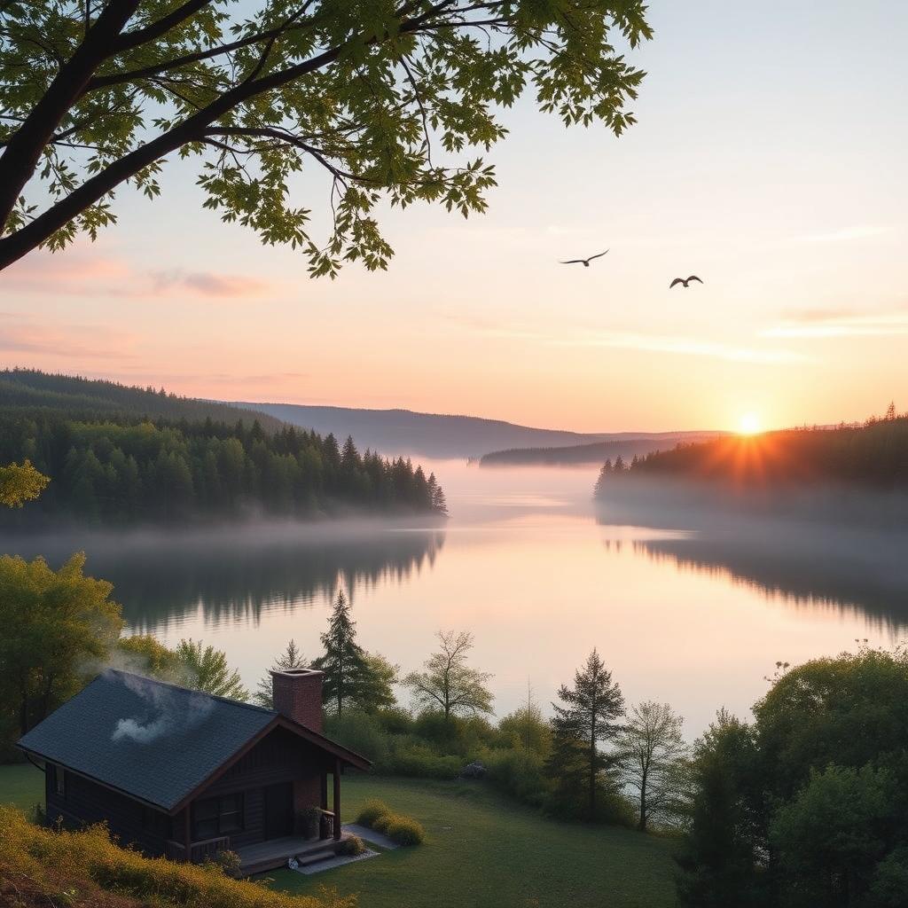 A serene morning landscape featuring a tranquil lake surrounded by lush green trees, with soft morning light illuminating the scene