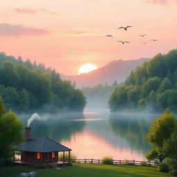 A serene morning landscape featuring a tranquil lake surrounded by lush green trees, with soft morning light illuminating the scene