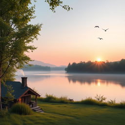 A serene morning landscape featuring a tranquil lake surrounded by lush green trees, with soft morning light illuminating the scene