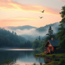 A serene morning landscape featuring a tranquil lake surrounded by lush green trees, with soft morning light illuminating the scene