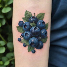 A delicate, artistic tattoo, featuring a bunch of ripe, blueberries, with a touch of leafy green detail, crafted in monochrome with pops of dark blue, giving it a realistic and attractive appearance.