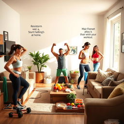 An inspiring home workout scene illustrating the concept of transforming oneself at home through simple exercises and smart nutrition