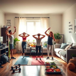 An inspiring home workout scene illustrating the concept of transforming oneself at home through simple exercises and smart nutrition