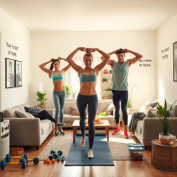 An inspiring home workout scene illustrating the concept of transforming oneself at home through simple exercises and smart nutrition