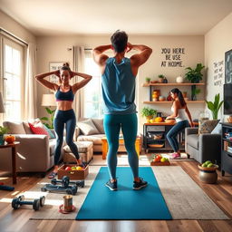 An inspiring home workout scene illustrating the concept of transforming oneself at home through simple exercises and smart nutrition