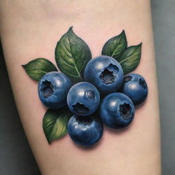 A delicate, artistic tattoo, featuring a bunch of ripe, blueberries, with a touch of leafy green detail, crafted in monochrome with pops of dark blue, giving it a realistic and attractive appearance.