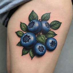 A delicate, artistic tattoo, featuring a bunch of ripe, blueberries, with a touch of leafy green detail, crafted in monochrome with pops of dark blue, giving it a realistic and attractive appearance.