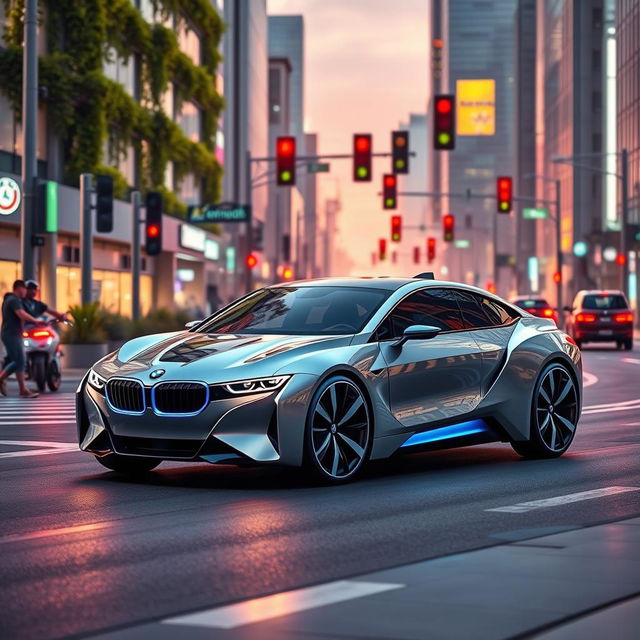 A futuristic BMW car design set in 2030, showcasing sleek aerodynamic lines, an electric battery design and advanced technology integrations