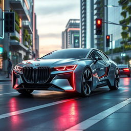 A futuristic BMW car design set in 2030, showcasing sleek aerodynamic lines, an electric battery design and advanced technology integrations