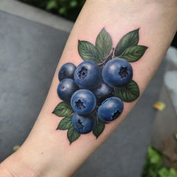 A delicate, artistic tattoo, featuring a bunch of ripe, blueberries, with a touch of leafy green detail, crafted in monochrome with pops of dark blue, giving it a realistic and attractive appearance.