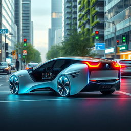 A futuristic BMW car design set in 2030, showcasing sleek aerodynamic lines, an electric battery design and advanced technology integrations