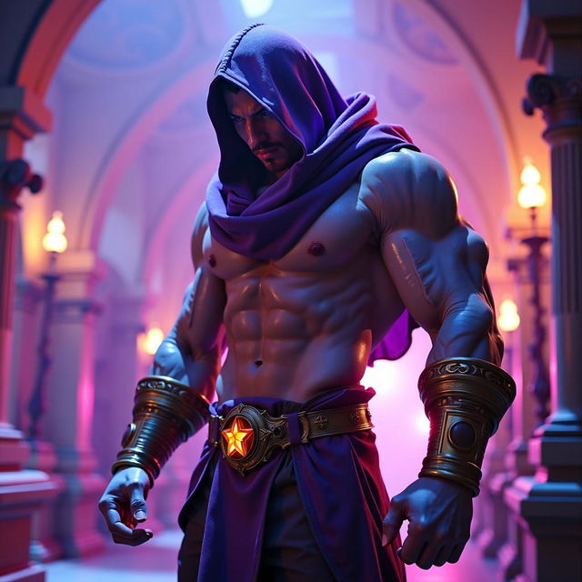 A high fantasy scene featuring Malzahar from League of Legends, showcasing his muscular and handsome physique