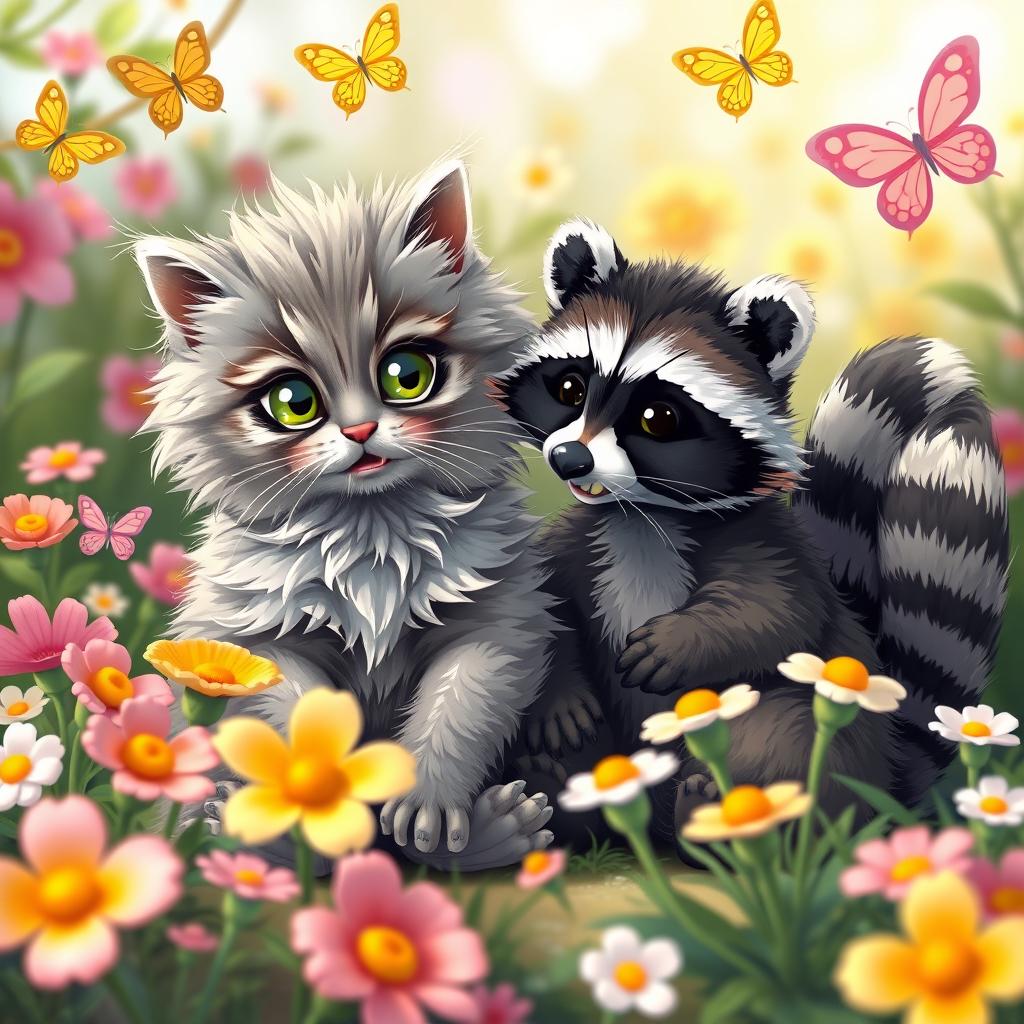 A playful scene featuring a fluffy cat and a raccoon sitting side by side in a colorful, lush garden