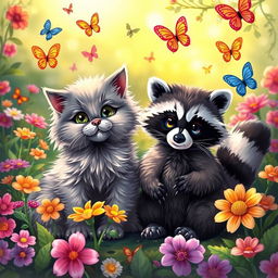 A playful scene featuring a fluffy cat and a raccoon sitting side by side in a colorful, lush garden